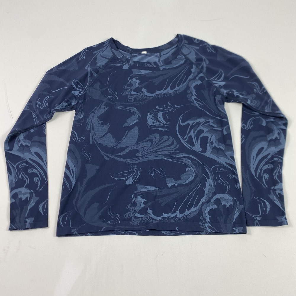 Fabletics Shirt Womens Small Blue Camo Long Sleeve Crewneck Raglan Athletic